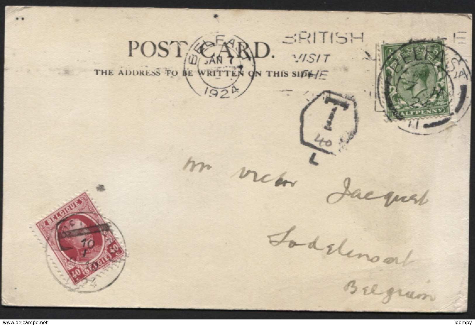 TAXATION Houyoux 40c Obl. LODELINSART S/CP Belfast Irlande 1924. - 1922-1927 Houyoux