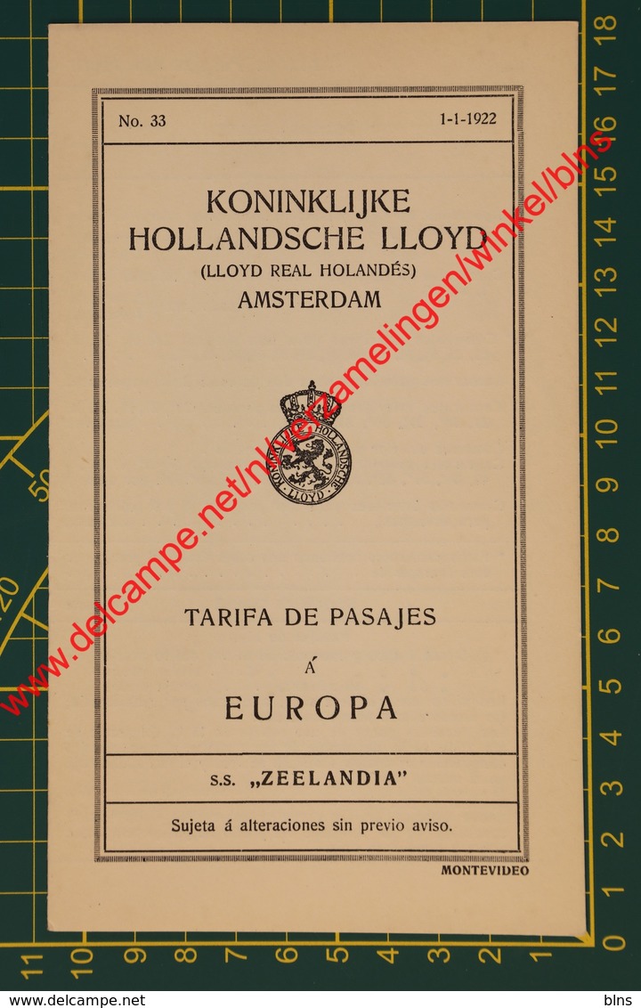 Prijslijst Koninklijke Hollandsche Lloyd - S.S. Zeelandia - 1922 - Tarifa De Pasajes - Montevideo - Scheepvaart - Pays-Bas