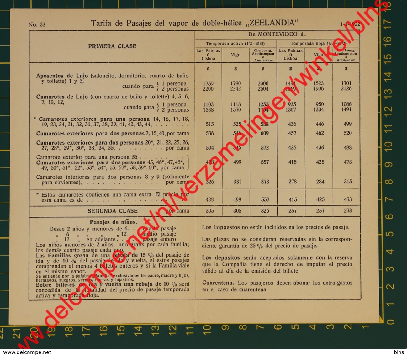 Prijslijst Koninklijke Hollandsche Lloyd - S.S. Zeelandia - 1922 - Tarifa De Pasajes - Montevideo - Scheepvaart - Pays-Bas