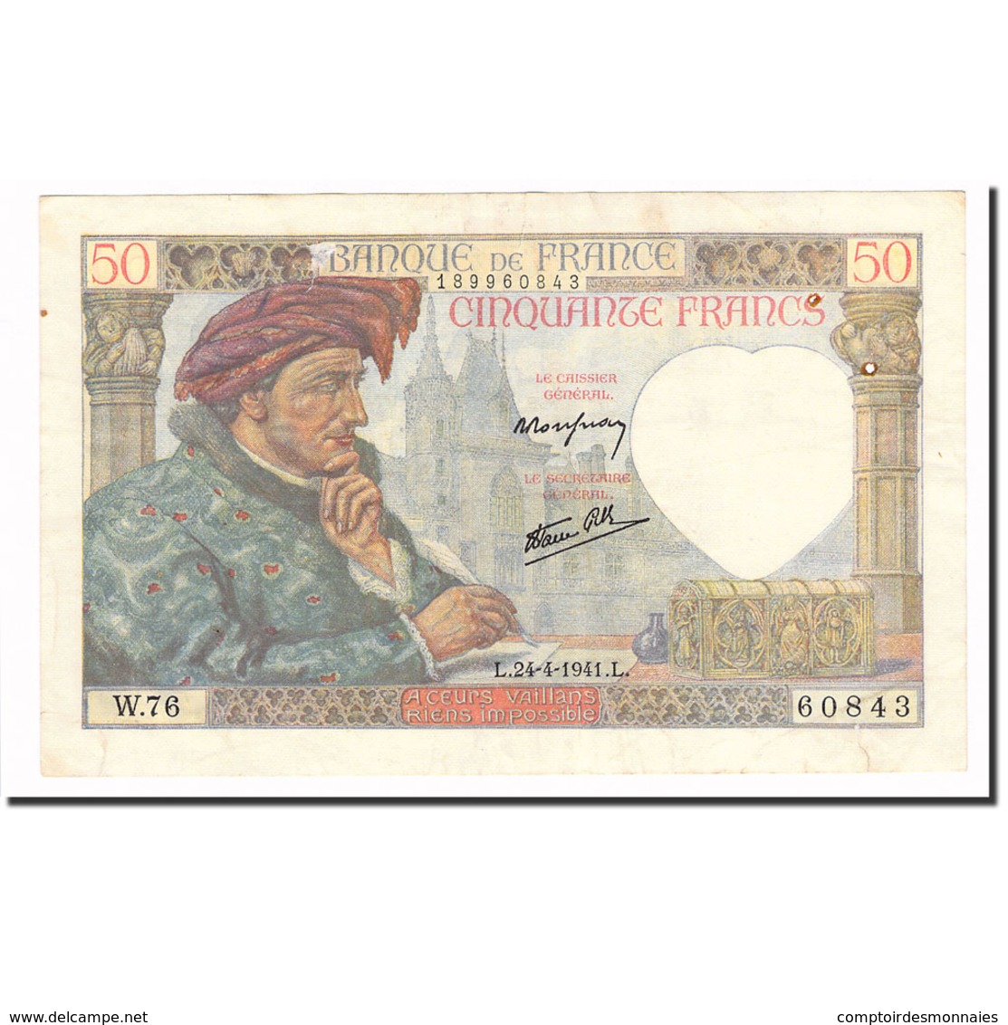 France, 50 Francs, Jacques Coeur, 1941, 1941-04-24, TTB, Fayette:19.9, KM:93 - 50 F 1940-1942 ''Jacques Coeur''