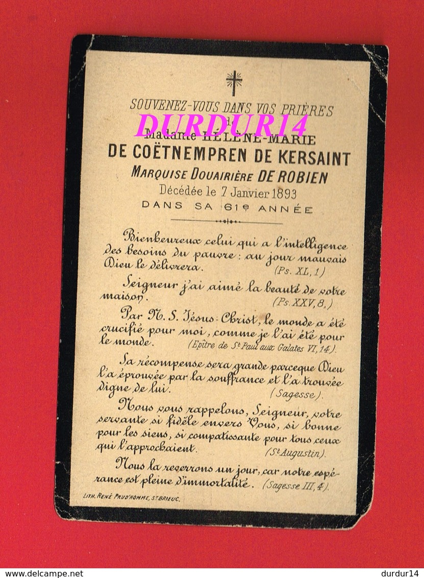 Avis De Décès  Titre De Noblesse Mme De COETNEMPREN De KERSAINT Marquise Douairière DE ROBIEN 1893 - Décès