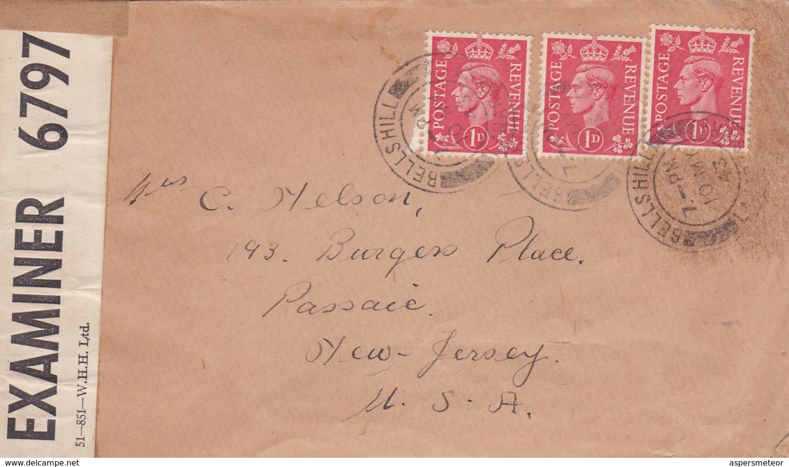 SCOTLAND CIRCULATED ENVELOPE, BELLSHILL TO NEW JERSEY USA IN 1943 BY AIRMAIL CENSORED COVER -LILHU - Lettres & Documents