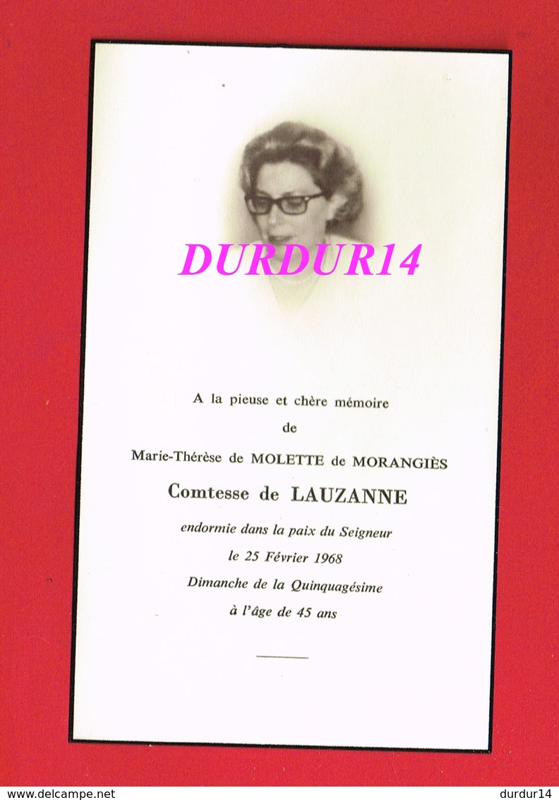 Avis De Décès  Titre De Noblesse Mme Marie Thérèse De MOLETTE DE MORANGIES Comtesse De LAUSANNE - Décès