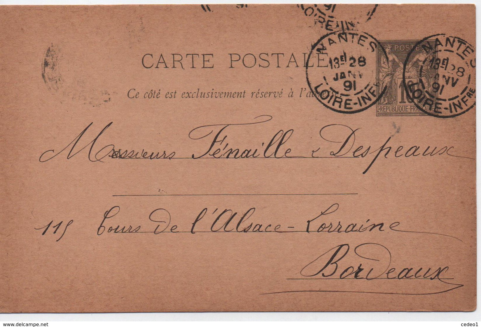 ENTIER CP 10 C SAGE   1891 De NANTES POUR BORDEAUX AVEC CACHET PUBLICITAIRE   VOIR LES SCANS - Cartes Postales Types Et TSC (avant 1995)