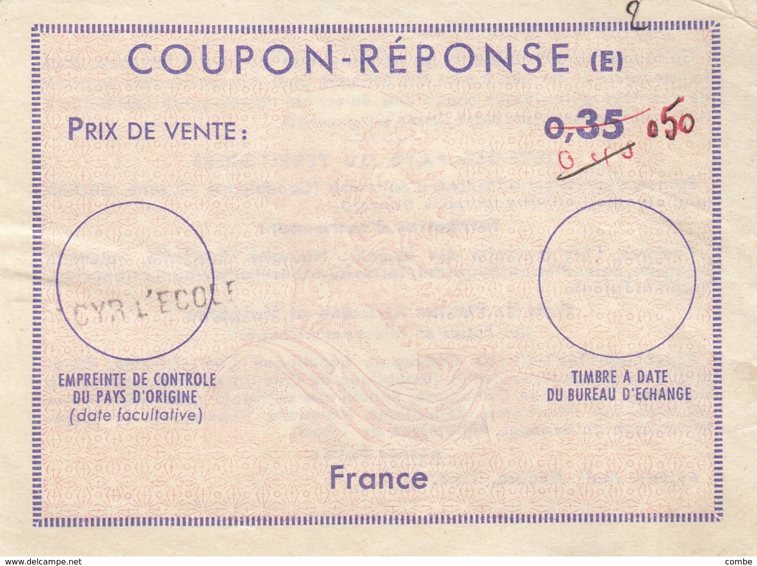 COUPON-REPONSE INTERNATIONAL. E. FRANCE. 0,35 FRANC RECTIFIE 0,40 FRANC 0,50 FRANC. ST CYR-L'ECOLE      / 2 - Reply Coupons