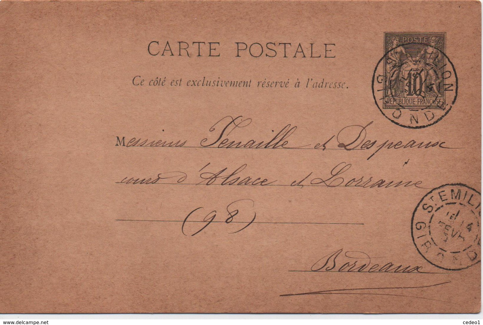 ENTIER CP 10 C SAGE   1891 De ST EMILION POUR BORDEAUX  AVEC CACHET PUBLICITAIRE - Cartes Postales Types Et TSC (avant 1995)
