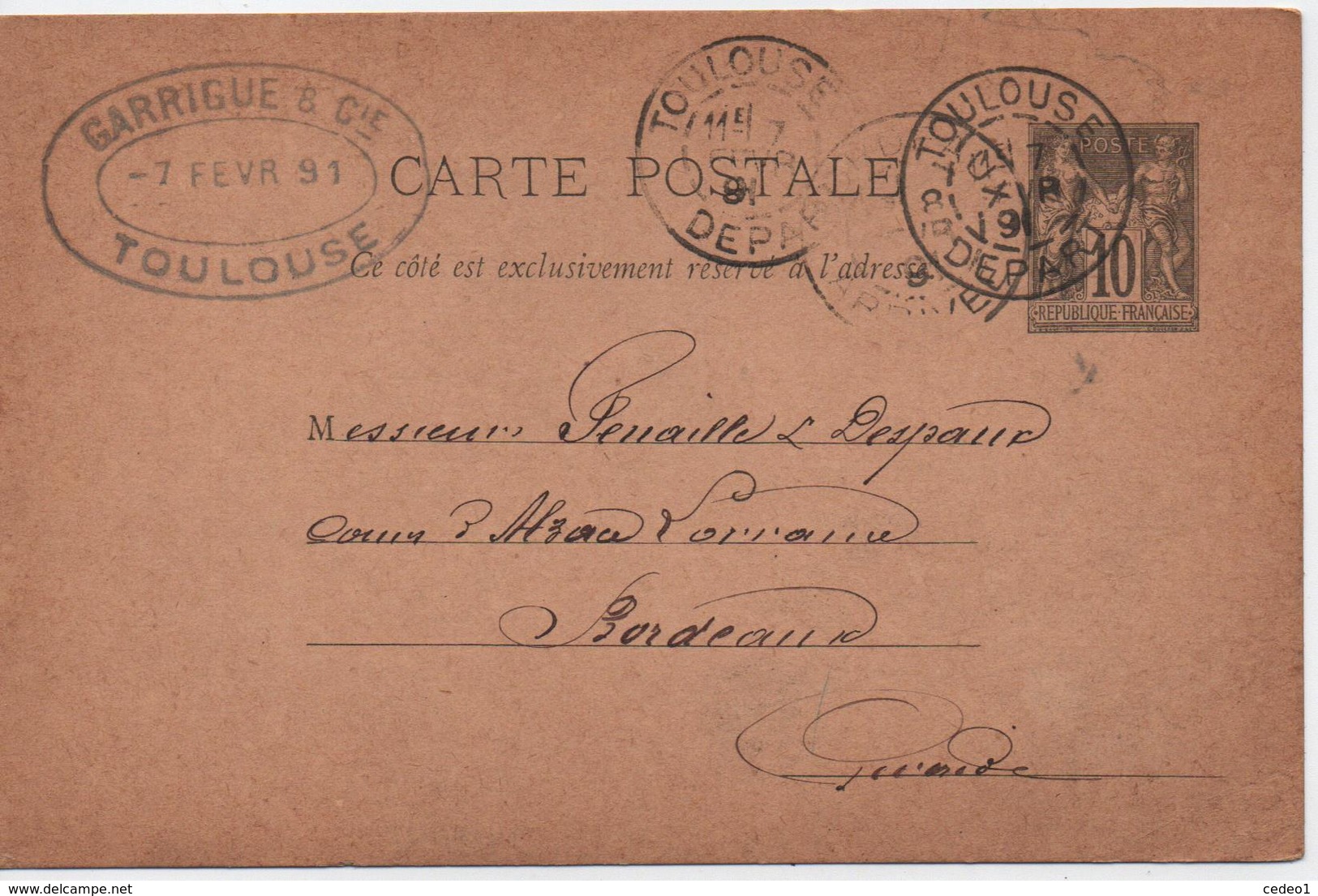 ENTIER CP 10 C SAGE   1891 De TOULOUSE  POUR BORDEAUX  AVEC CACHET PUBLICITAIRE - Cartes Postales Types Et TSC (avant 1995)