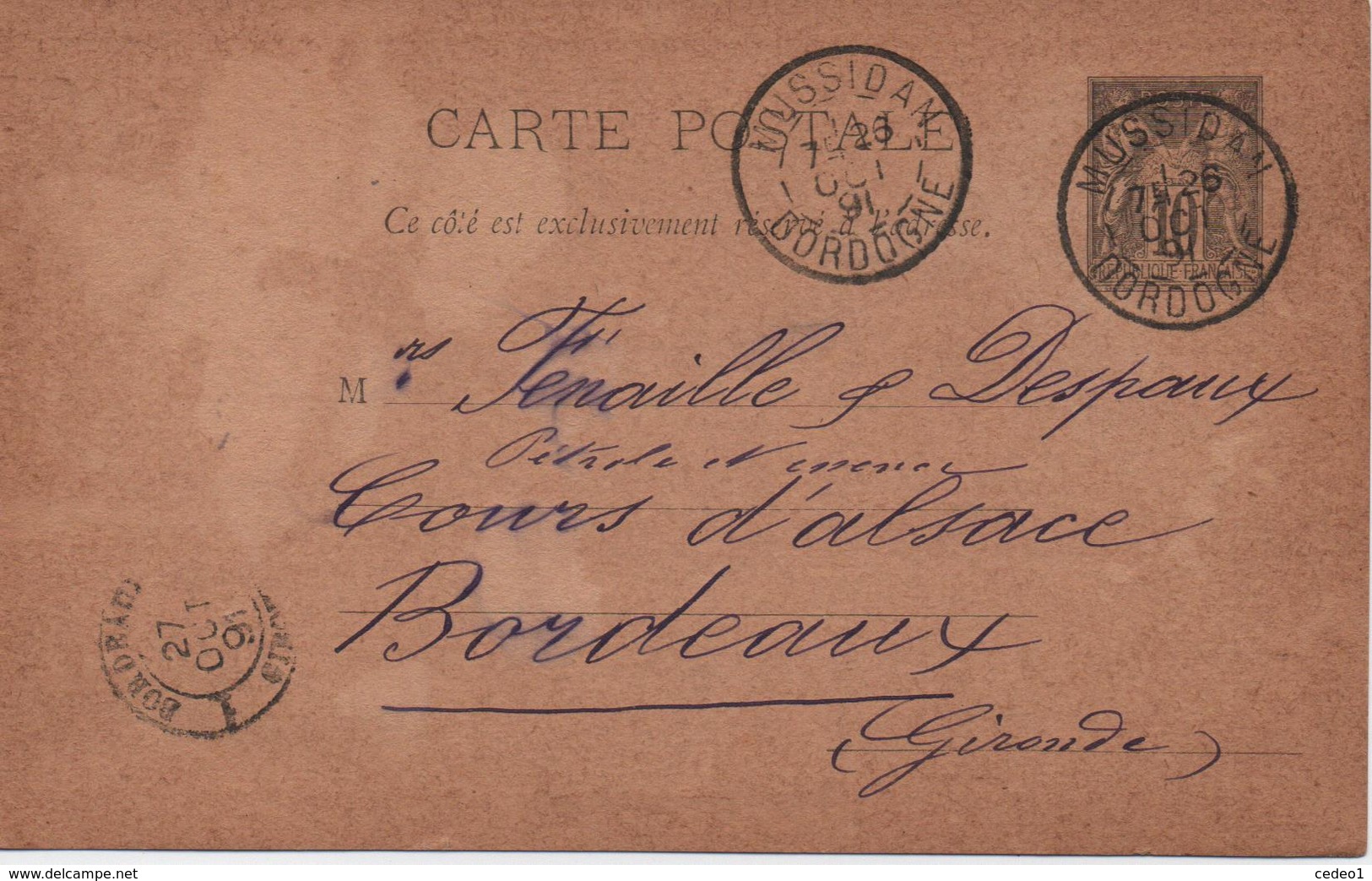 ENTIER CP 10 C SAGE   1891 De  MUSSIDAN   POUR BORDEAUX - Cartoline Postali E Su Commissione Privata TSC (ante 1995)