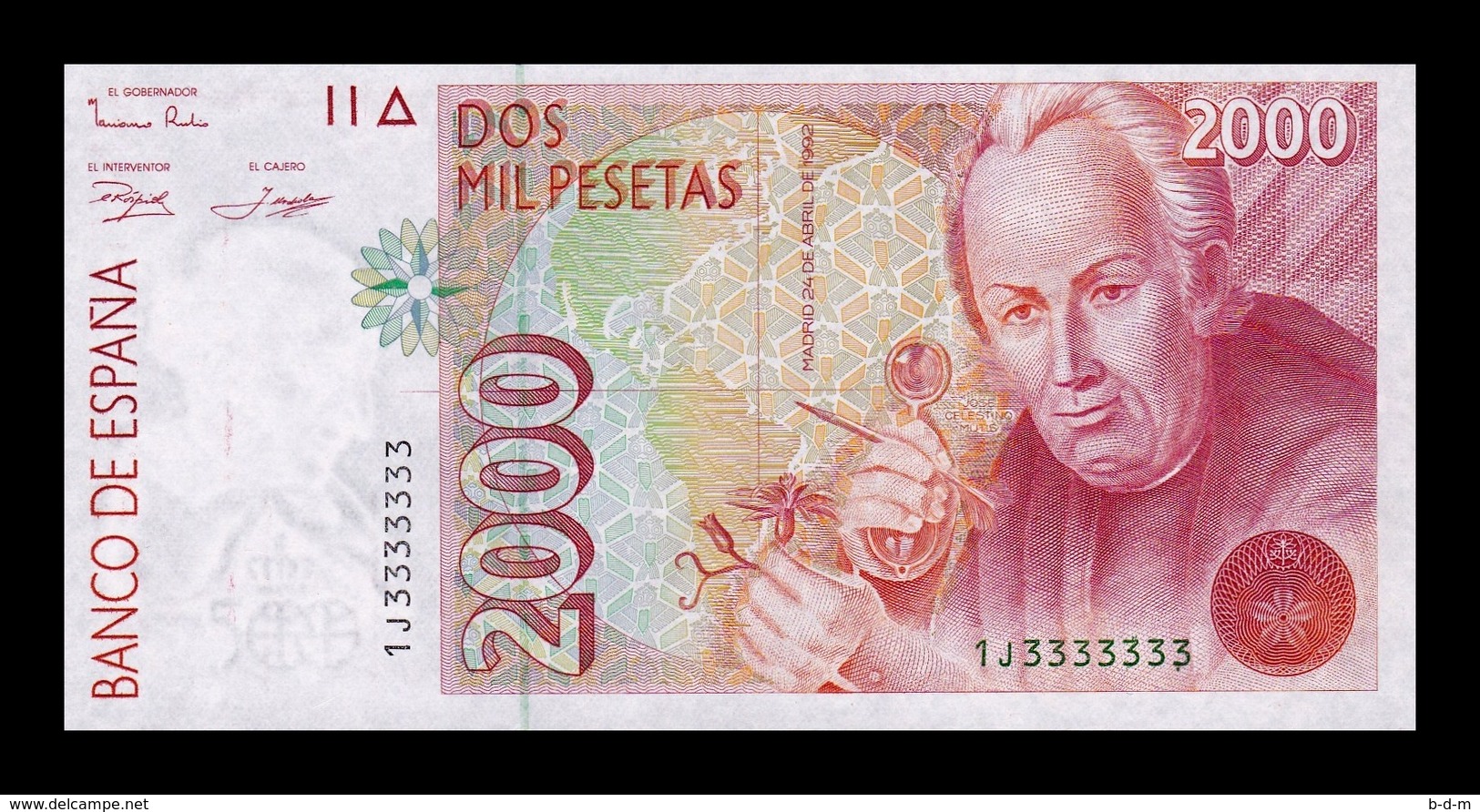 España Spain 2000 Pesetas 1992 Pick 162 Capicua Radar 3333333 SC UNC - [ 4] 1975-… : Juan Carlos I