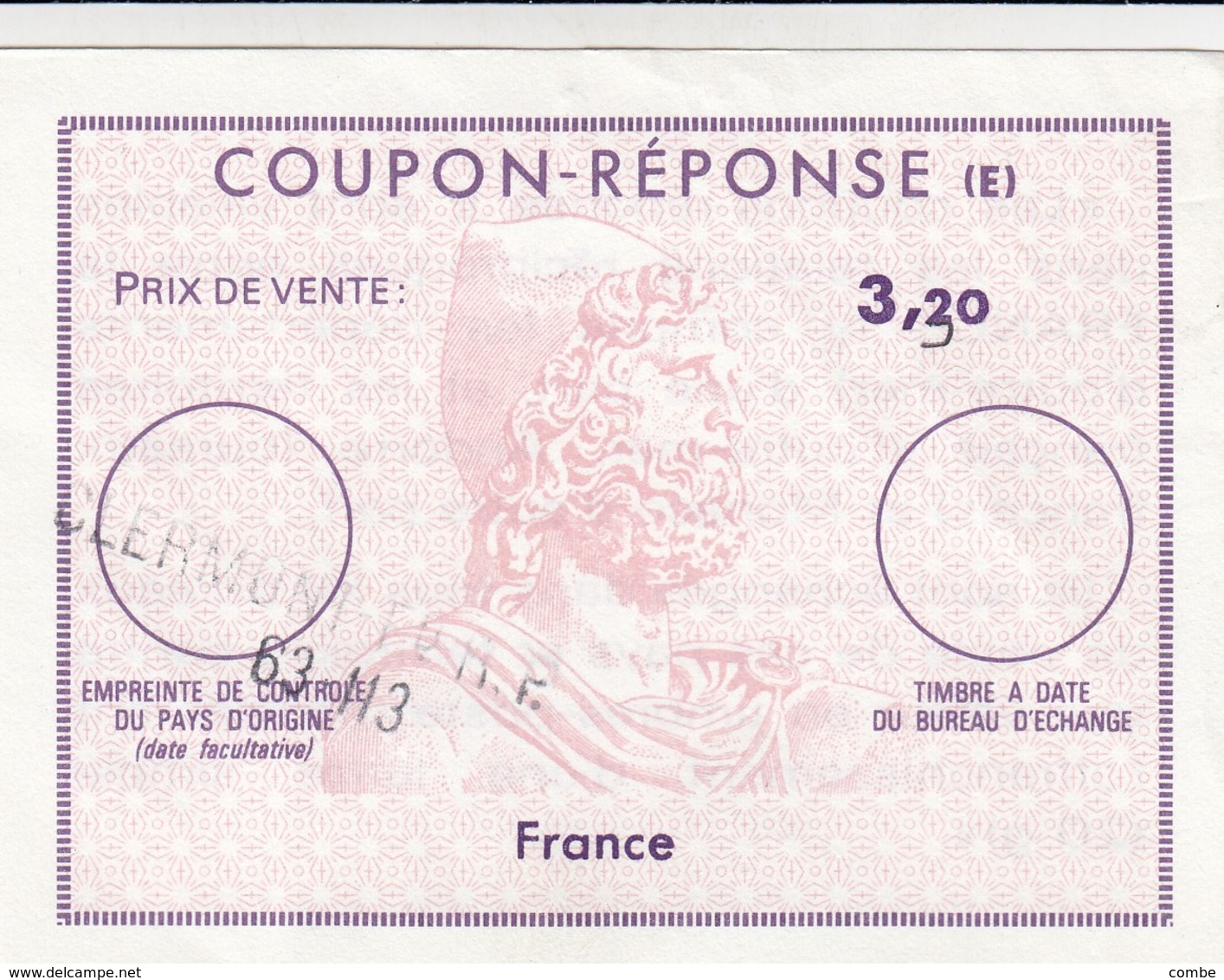 COUPON-REPONSE. E. FRANCE 3,20 RECTIFIÉ 3,30. CLERMONT Fd RP / 63 N3    / 2 - Reply Coupons