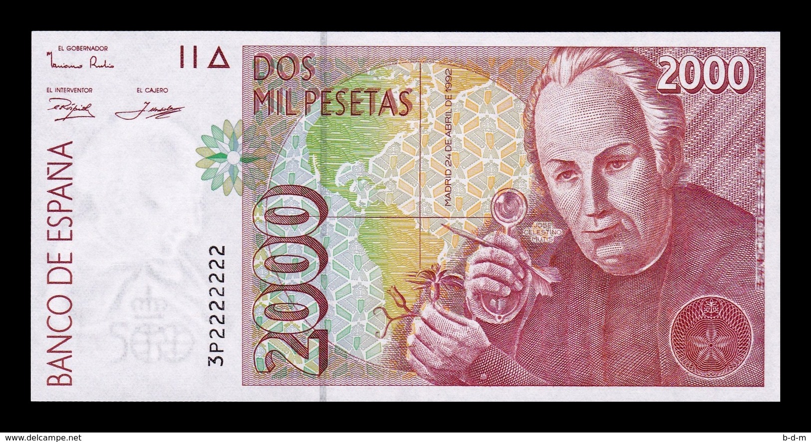 España Spain 2000 Pesetas 1992 (1996) Pick 164 Capicua Radar 2222222 SC UNC - [ 4] 1975-…: Juan Carlos I.