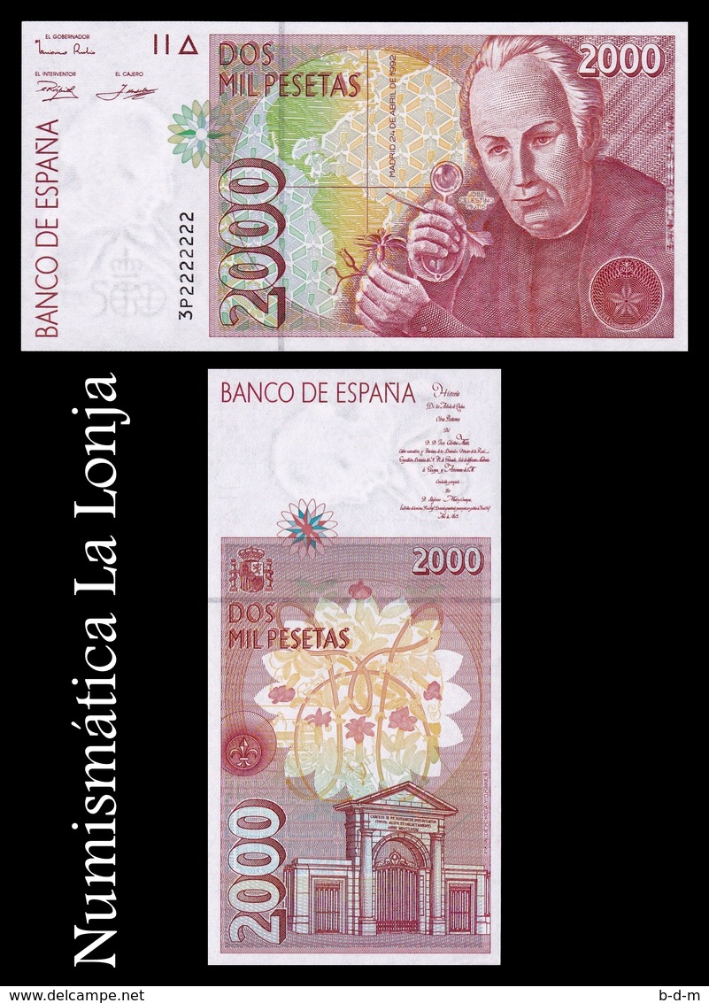 España Spain 2000 Pesetas 1992 (1996) Pick 164 Capicua Radar 2222222 SC UNC - [ 4] 1975-… : Juan Carlos I