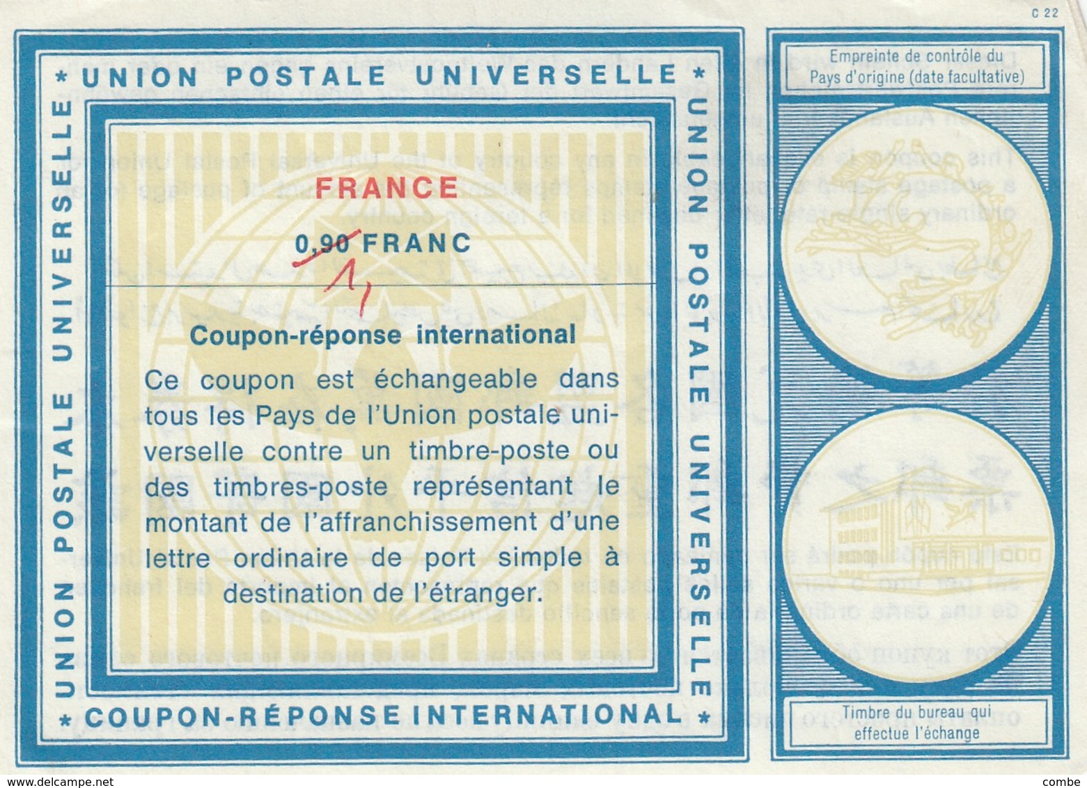 COUPON-REPONSE INTERNATIONAL. UPU. FRANCE. 0,90 FRANC RECTIFIÉ 1 FRANC   / 2 - Antwoordbons