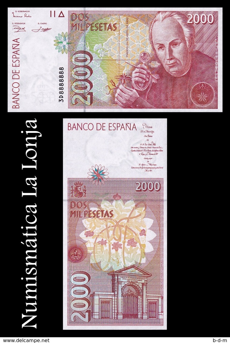 España Spain 2000 Pesetas 1992 (1996) Pick 164 Capicua Radar 8888888 SC UNC - [ 4] 1975-…: Juan Carlos I.