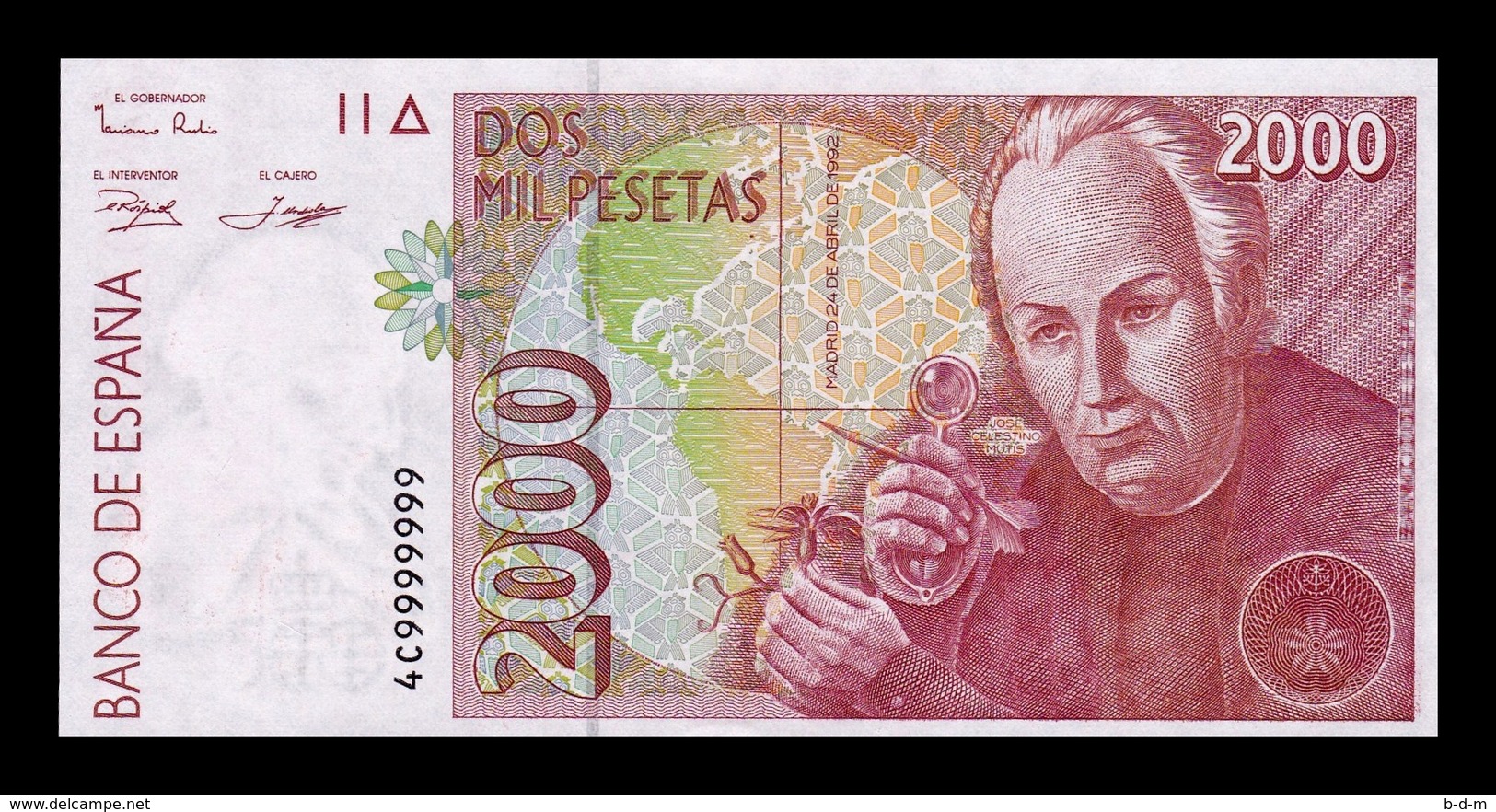 España Spain 2000 Pesetas 1992 (1996) Pick 164 Capicua Radar 9999999 SC UNC - [ 4] 1975-…: Juan Carlos I.