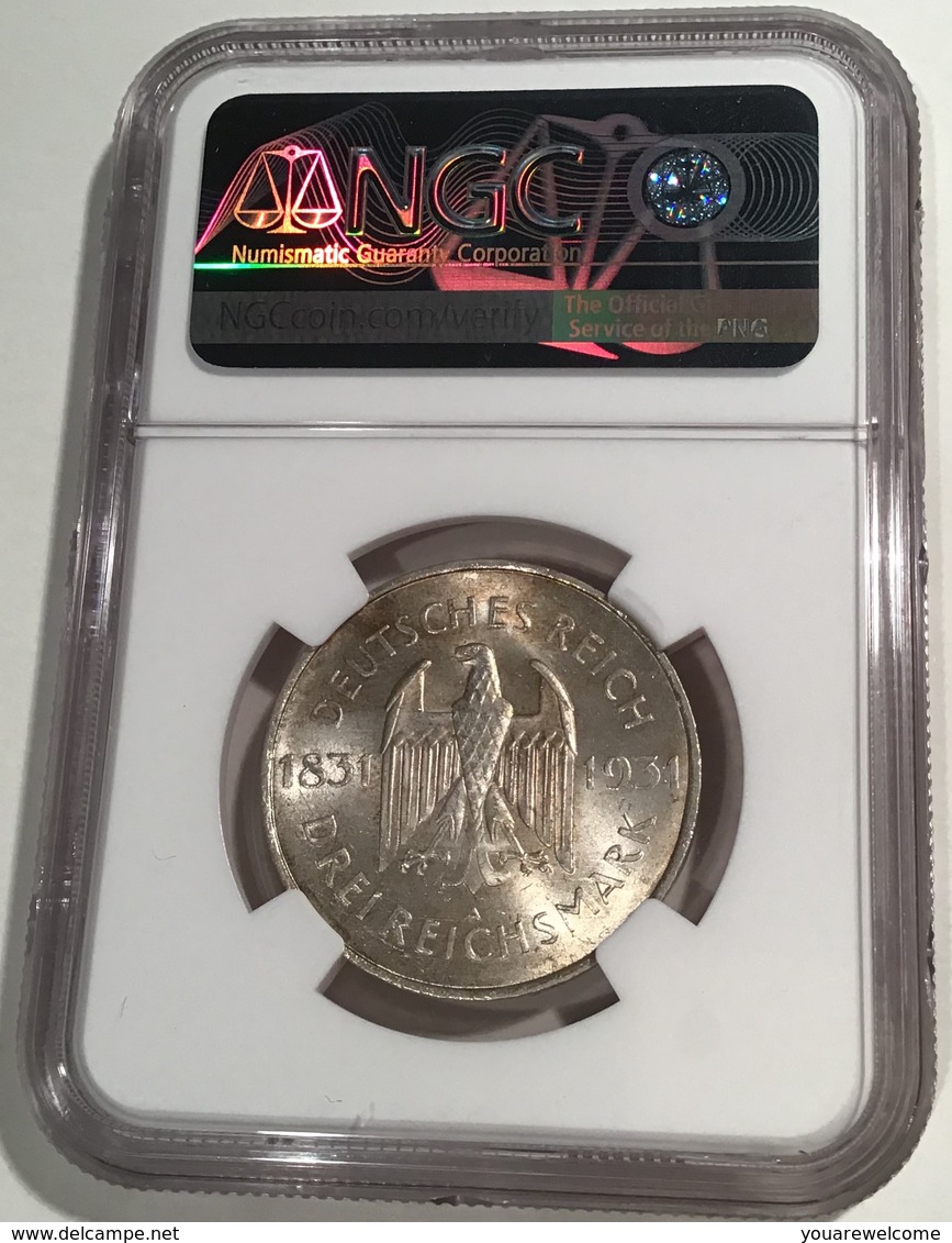 1931A 3 Reichsmark Karl Vom Stein. NGC MS63+ Deutsches Reich Weimar J.348(Germany Silver Coin Silber Gedenkmünze Monnaie - 3 Mark & 3 Reichsmark