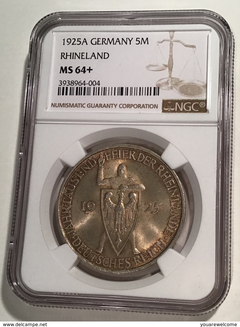 1925A 5 Reichsmark Rheinlande NGC MS64+ Deutsches Reich Weimar J.322(Germany Silver Coin Silber Gedenkmünze Monnaie - 3 Mark & 3 Reichsmark