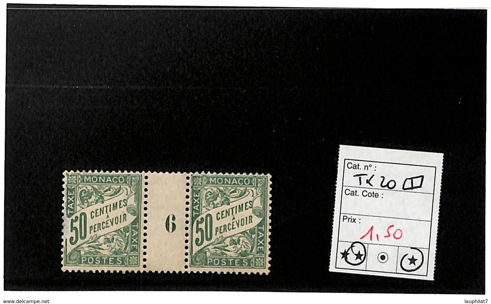 [835931]TB//-Monaco 1926 - N° 20, 50c  Vert, Interpanneau, Millésime 6 - Impuesto