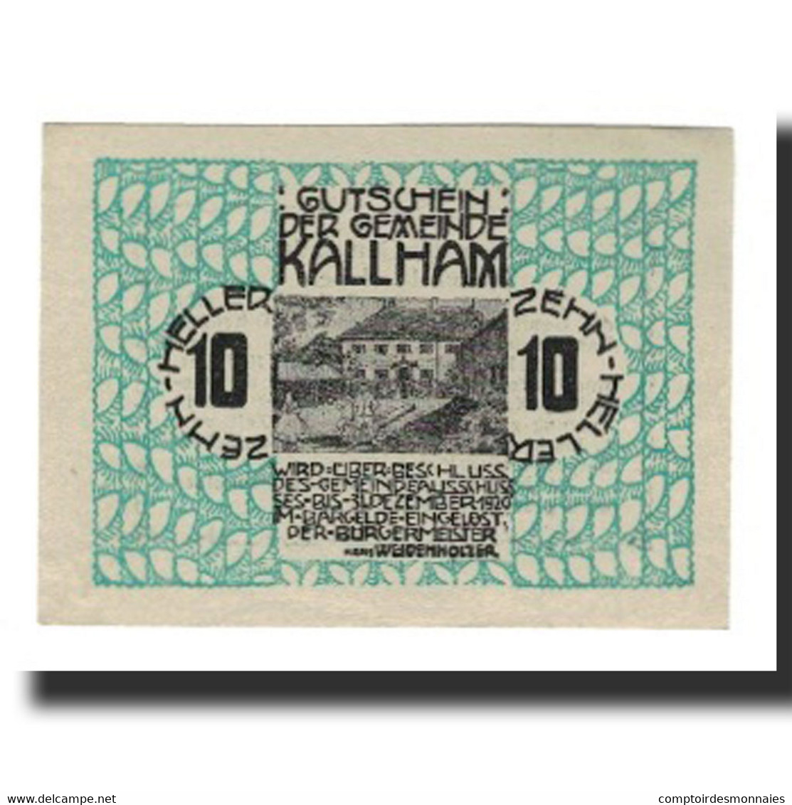 Billet, Autriche, Kallham, 10 Heller, Texte, 1920, 1920-12-31, SUP, Mehl:FS 422I - Austria