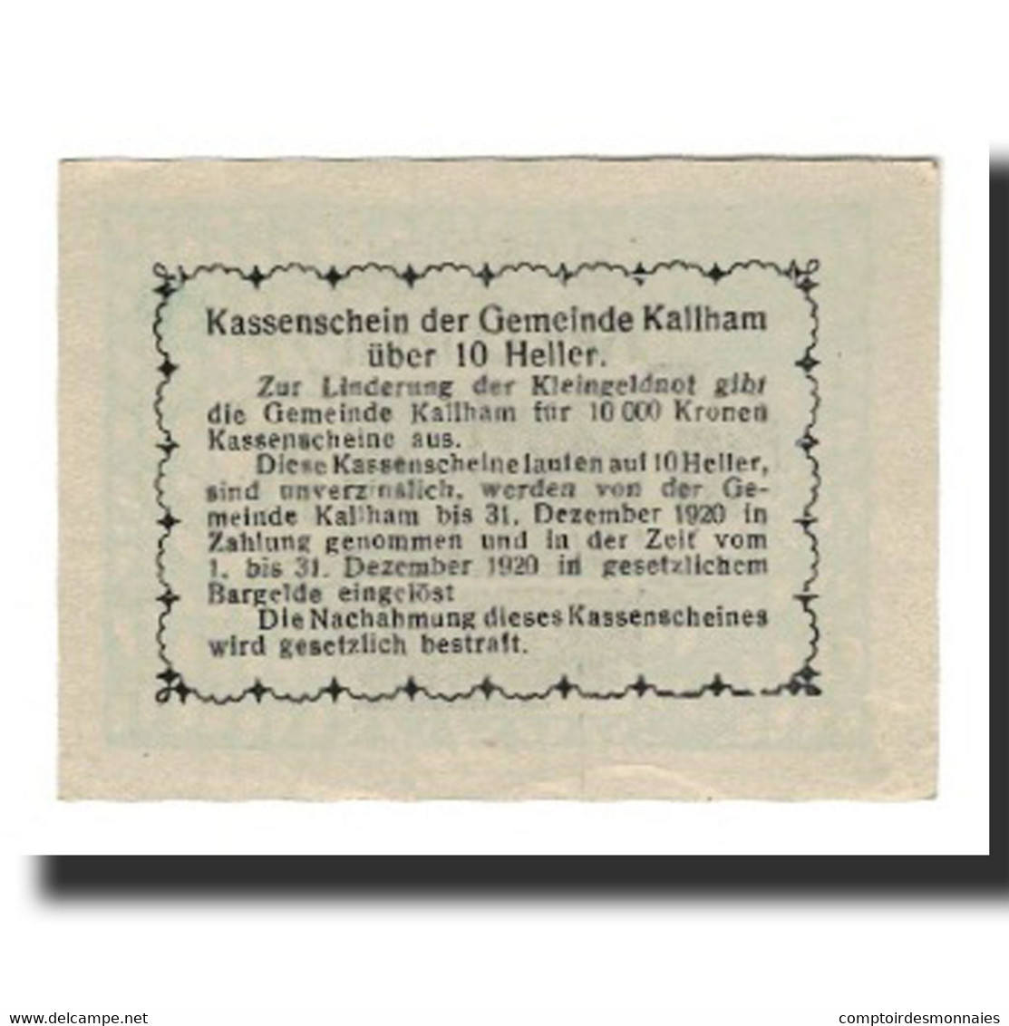 Billet, Autriche, Kallham, 10 Heller, Texte, 1920, 1920-12-31, SUP, Mehl:FS 422I - Austria