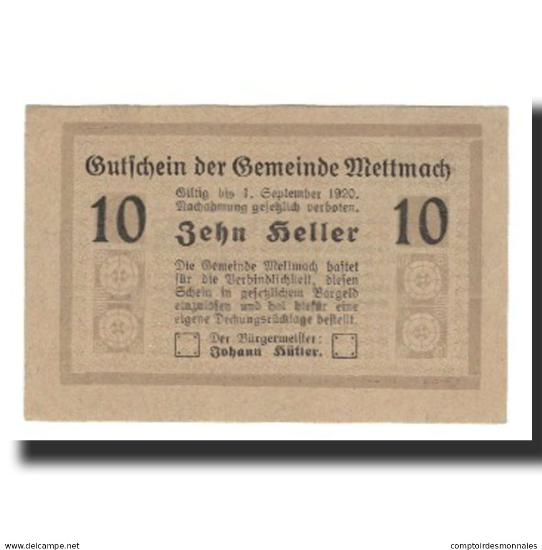 Billet, Autriche, Mettmach, 10 Heller, Valeur Faciale, 1920, 1920-09-01, NEUF - Oesterreich