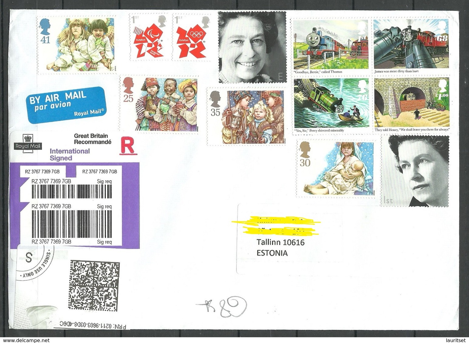 GREAT BRITAIN 2020 Registered Cover Signed For To Estonia With Many Stamps Queen Locomotive Thomas Etc - Covers & Documents