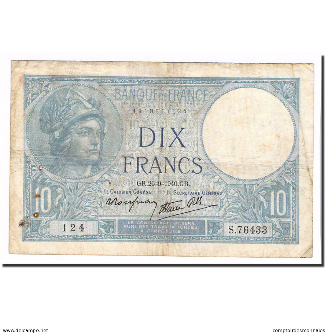 France, 10 Francs, Minerve, 1940, 1940-09-26, B+, Fayette:7.15, KM:84 - 10 F 1916-1942 ''Minerve''
