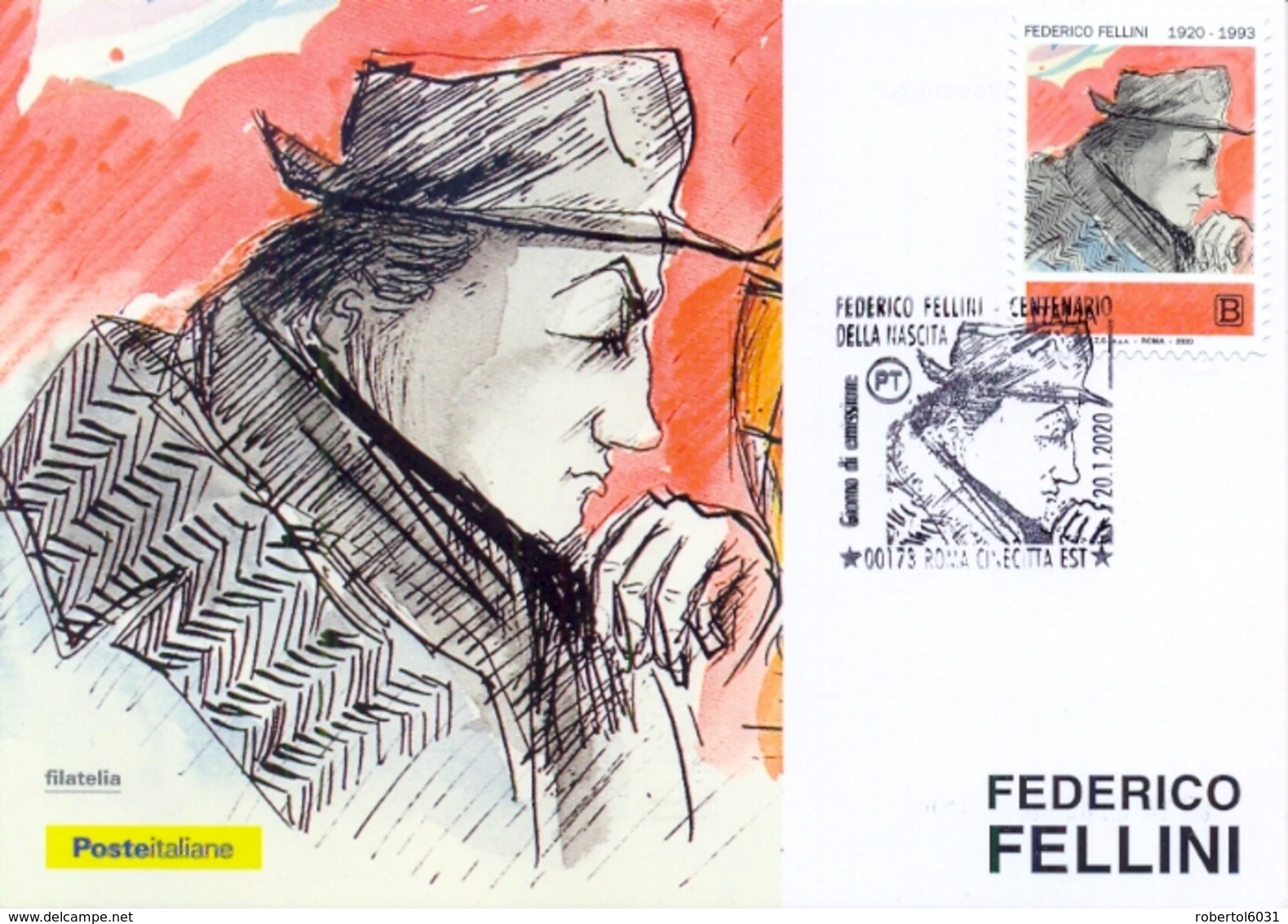 Italy 2020 FDC Maximum Card Centenary Birth Federico Fellini Cancel Of Roma Cinecittà - Cinema