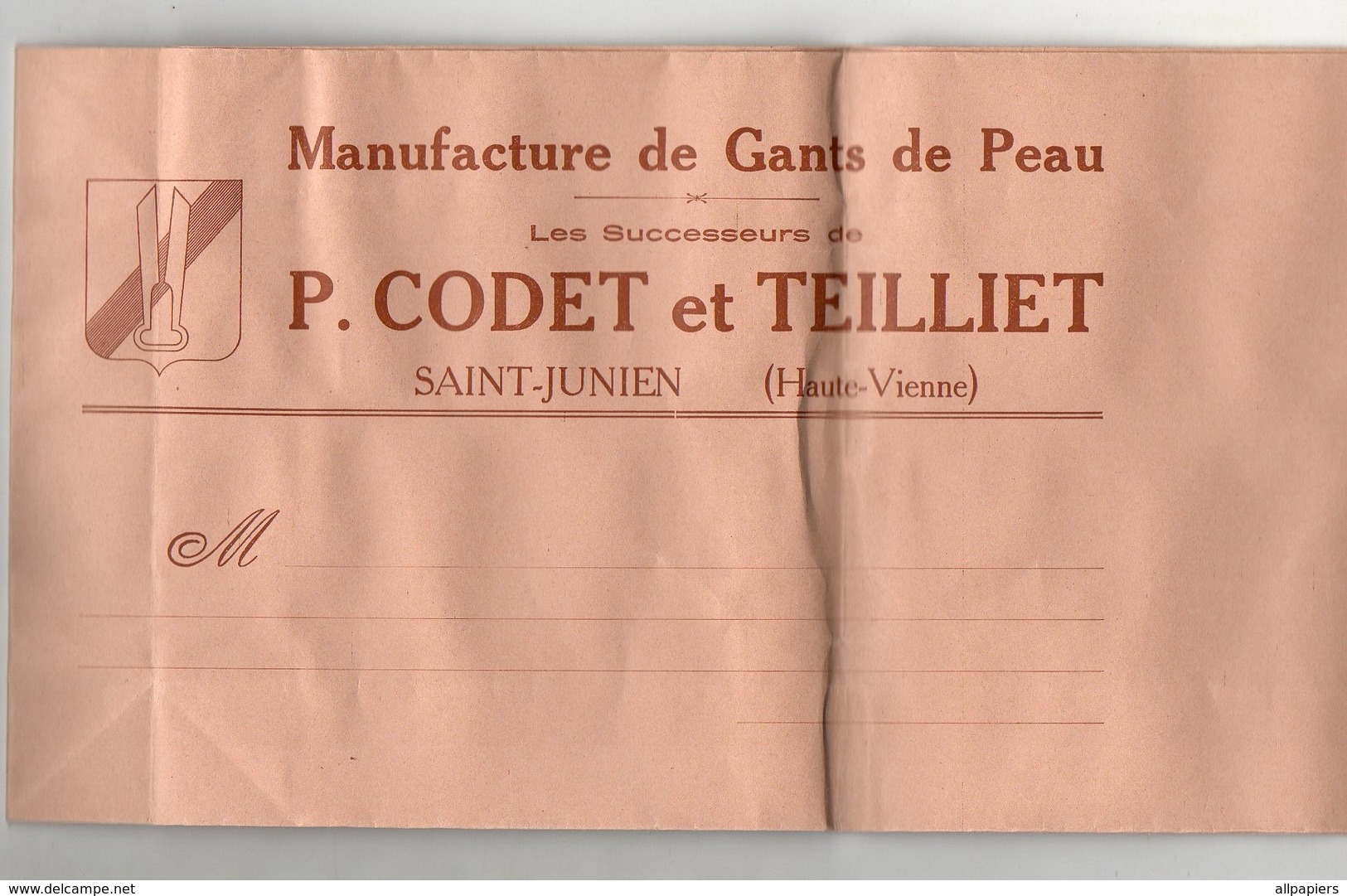 Sac En Papier Pliable Manufacture De Gants De Peau Les Successeurs De P. Codet Et Teilliet à Saint-Junien - Autres & Non Classés