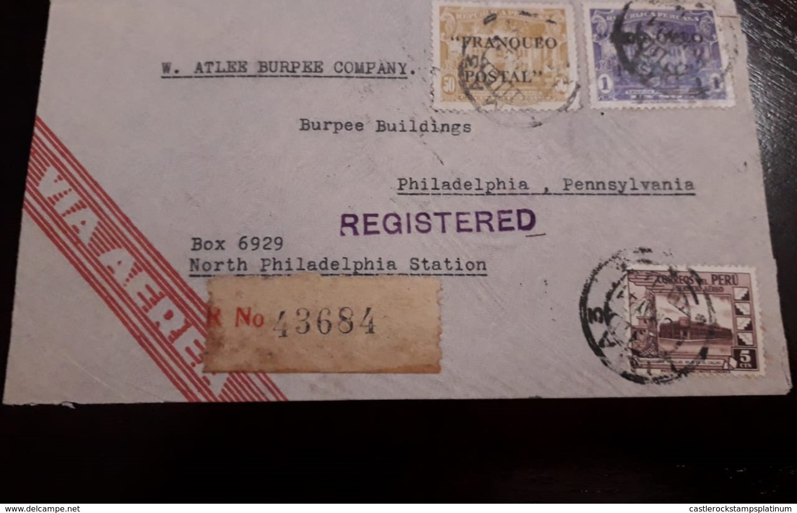 O) 1941 PERU, NATIONAL RADIO, GOVERNMENT RESTAURANT AT CALLAO, VIA AERERA - AIRMAIL - REGISTERED, ATLEE BURPEE COMPANY, - Peru