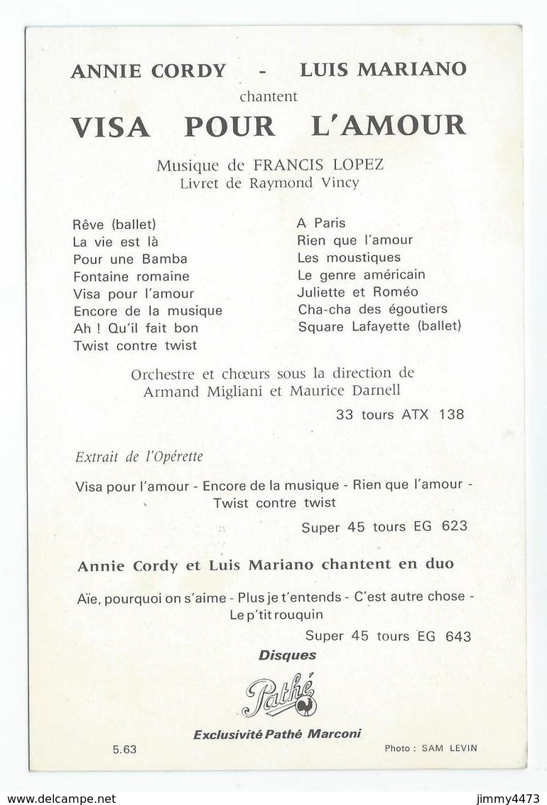 CPM Dédicassée - ANNIE CORDY & LUIS MARIANO - VISA POUR L'AMOUR - Chansons Au Dos - PATHE MARCONI - Scans Recto-Verso - Artisti