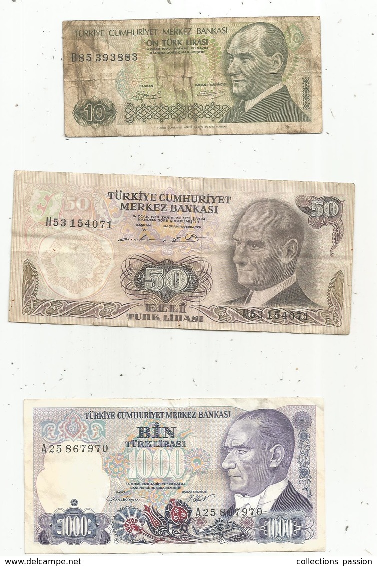 Billet , Turquie , Merkez Bankasi ,1970 , 10 ,50 Et 1000 Turk Lirasi , 2 Scans ,  LOT DE 3 BILLETS - Turquie