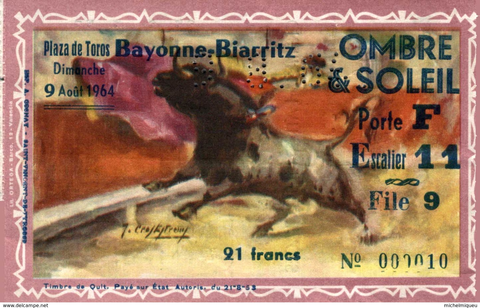 12217   BILLET PLAZA DES TOROS BAYONNE-BIARRITZ 9 AOUT 1964 - Tickets - Vouchers