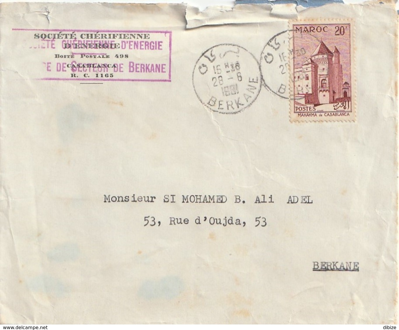 Maroc. Lettre Ayant Circulé. Société Chérifienne D'Energie. Joli Cachet De Berkane. 1961. Etat Moyen. Déchirure Au Verso - Minéraux