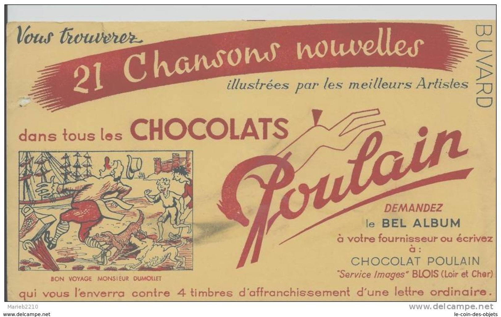 Buvard - CHOCOLAT POULAIN - 21 CHANSONS NOUVELLES - BON VOYAGE MONSIEUR DUMOLLET - Cacao