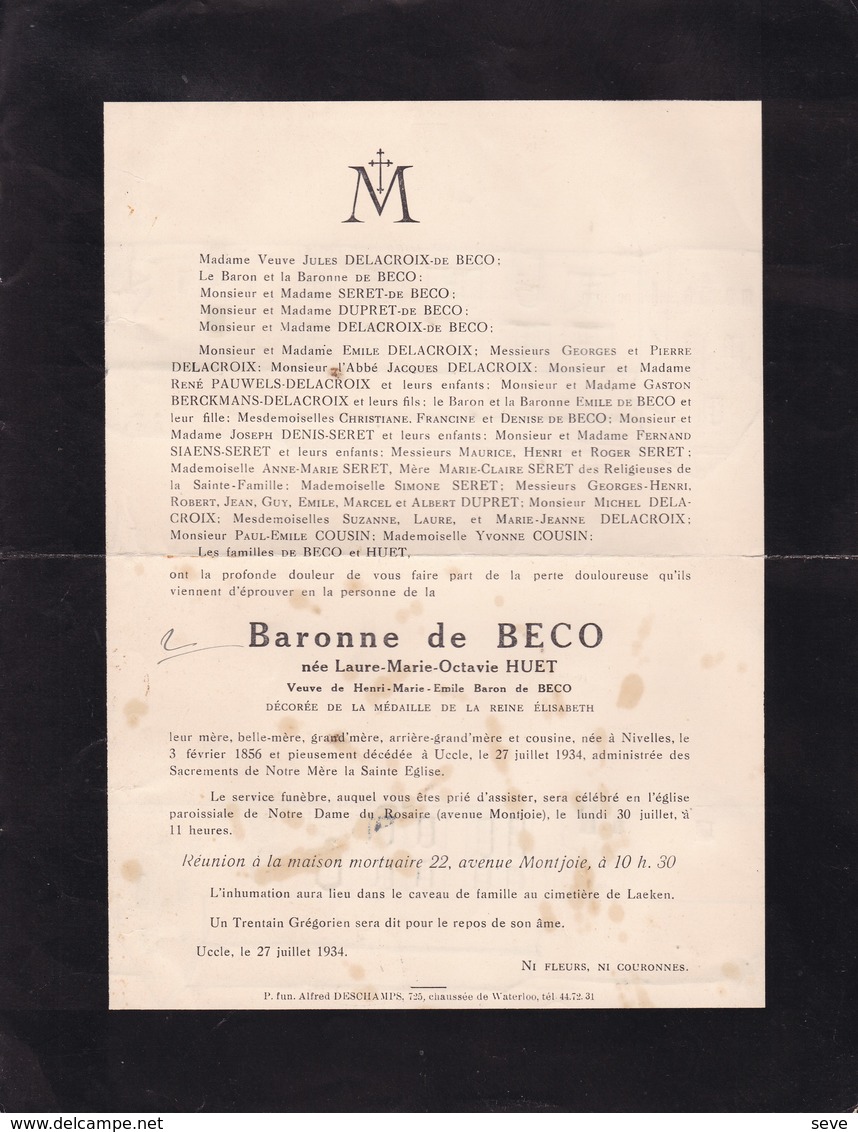 14-18 Médaille De La Reine Elisabeth NIVELLES UCCLE Laure HUET Veuve Baron Henri De BECO 1856-1934 Dessin Au Dos - Décès