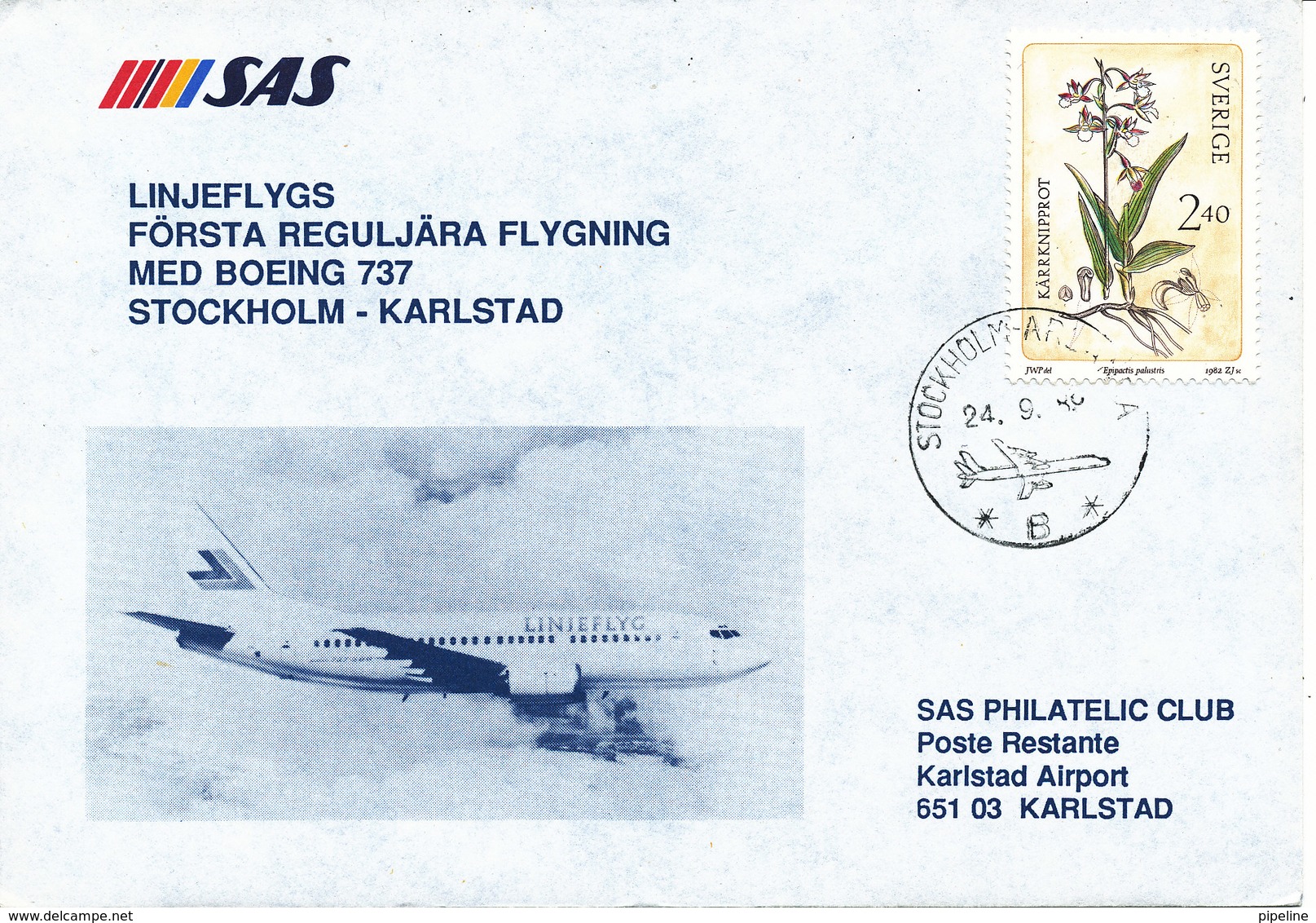 Sweden Cover First SAS Linjeflygs Första Reguljära Flygning Boeing 737 Stockholm - Karlstad 24-9-1989 - Covers & Documents