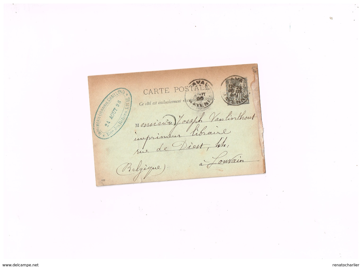 Entier Postal à 10 Centimes.Expédié De Laval à Louvain (Belgique) - Cartes Postales Types Et TSC (avant 1995)