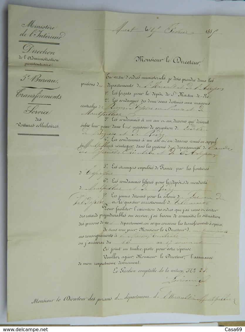 1885 Lettre De L'administration Pénitentiaire De Murat Cantal 1885 Prison - Manuscrits