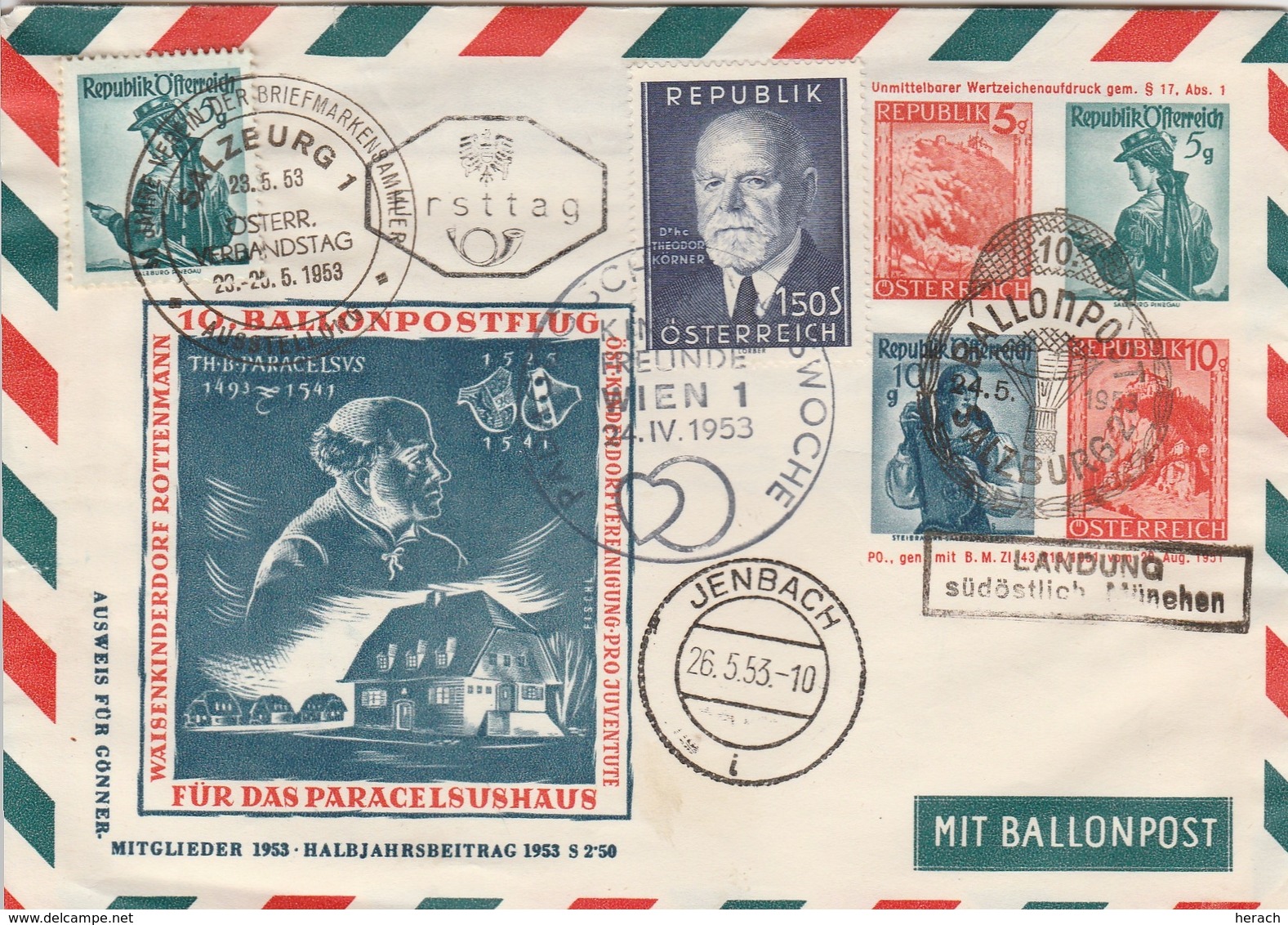 Autriche Entier Postal Illustré Poste Par Ballon 1953 - Autres & Non Classés