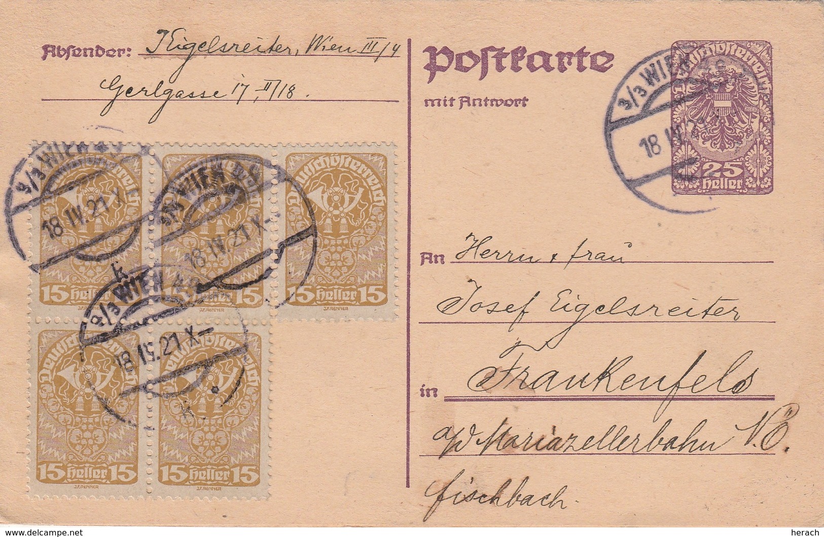 Autriche Entier Postal Réponse Payée Wien + Frankenfels 1921 - Autres & Non Classés