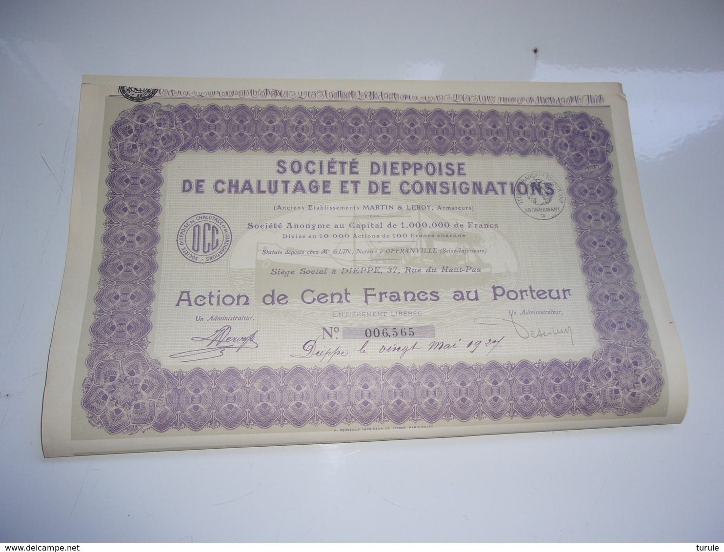 DIEPPOISE DE CHALUTAGE ET DE CONSIGNATIONS (déco Bateau) DIEPPE - Autres & Non Classés