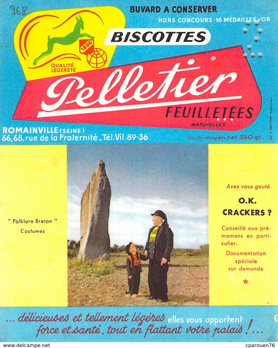 Ancien Buvard Collection Biscottes Pelletier 66.68 Rue De La Fraternité Romainville Seine Menhir Bretons Bretagne - Alimentaire