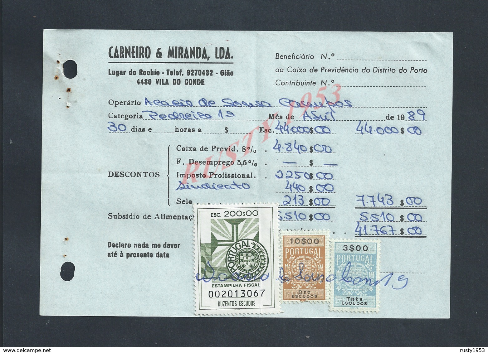 DOCUMENT COMMERCIAL 1989 DE CARNEIRO & MIRANDA GIAO VILA DO CONDE SUR TIMBRES FISCAUX DU PORTUGAL : - Storia Postale