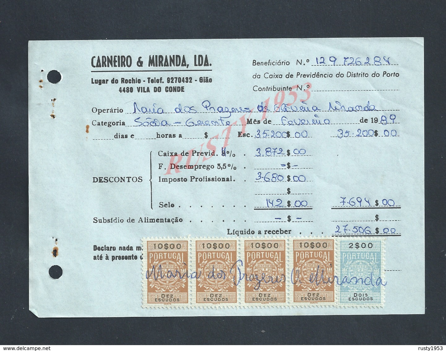 DOCUMENT COMMERCIAL 1989 DE CARNEIRO & MIRANDA GIAO VILA DO CONDE SUR TIMBRES FISCAUX DU PORTUGAL : - Briefe U. Dokumente