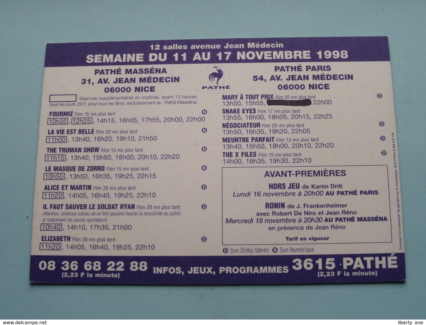 LE PRINCE DE SICILE > Pathé NICE ( Programme ) 1998 ( Voir Photo > 2 Scan ) ! - Pubblicitari