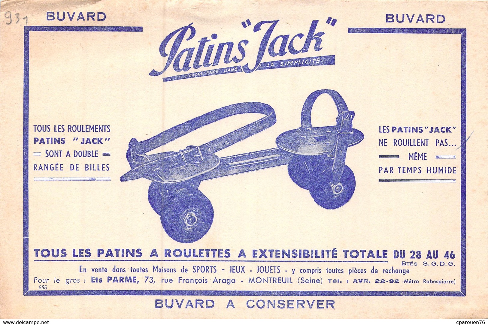 Ancien Buvard Collection Patins Jack Ets Parme 73 Rue François Arago Montreuil Seine Sports Jeux - Sports