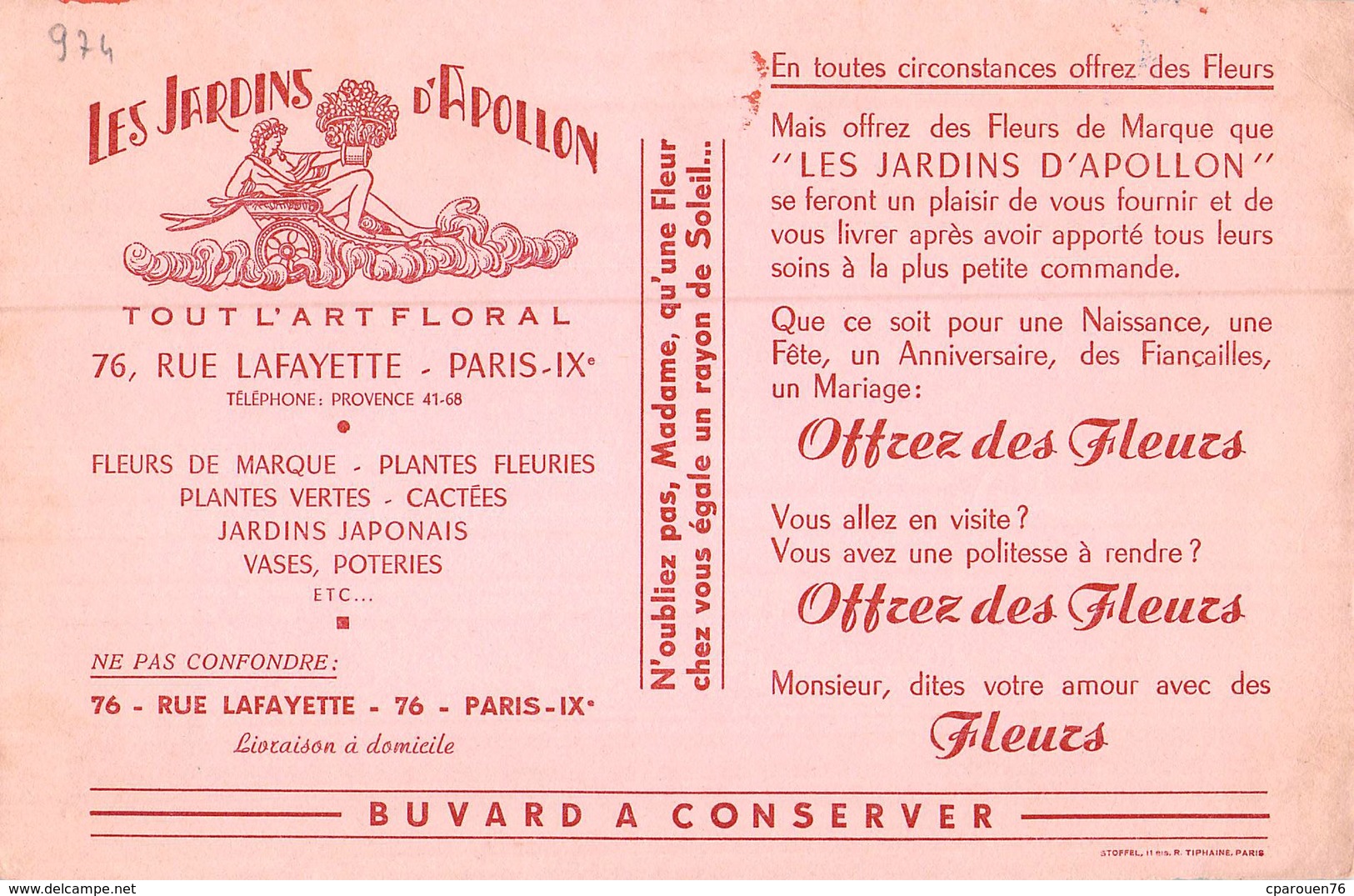 Ancien Buvard Collection Jardins D'Apollon Art Floral 76 Rue Lafayette Paris IX Eme - J