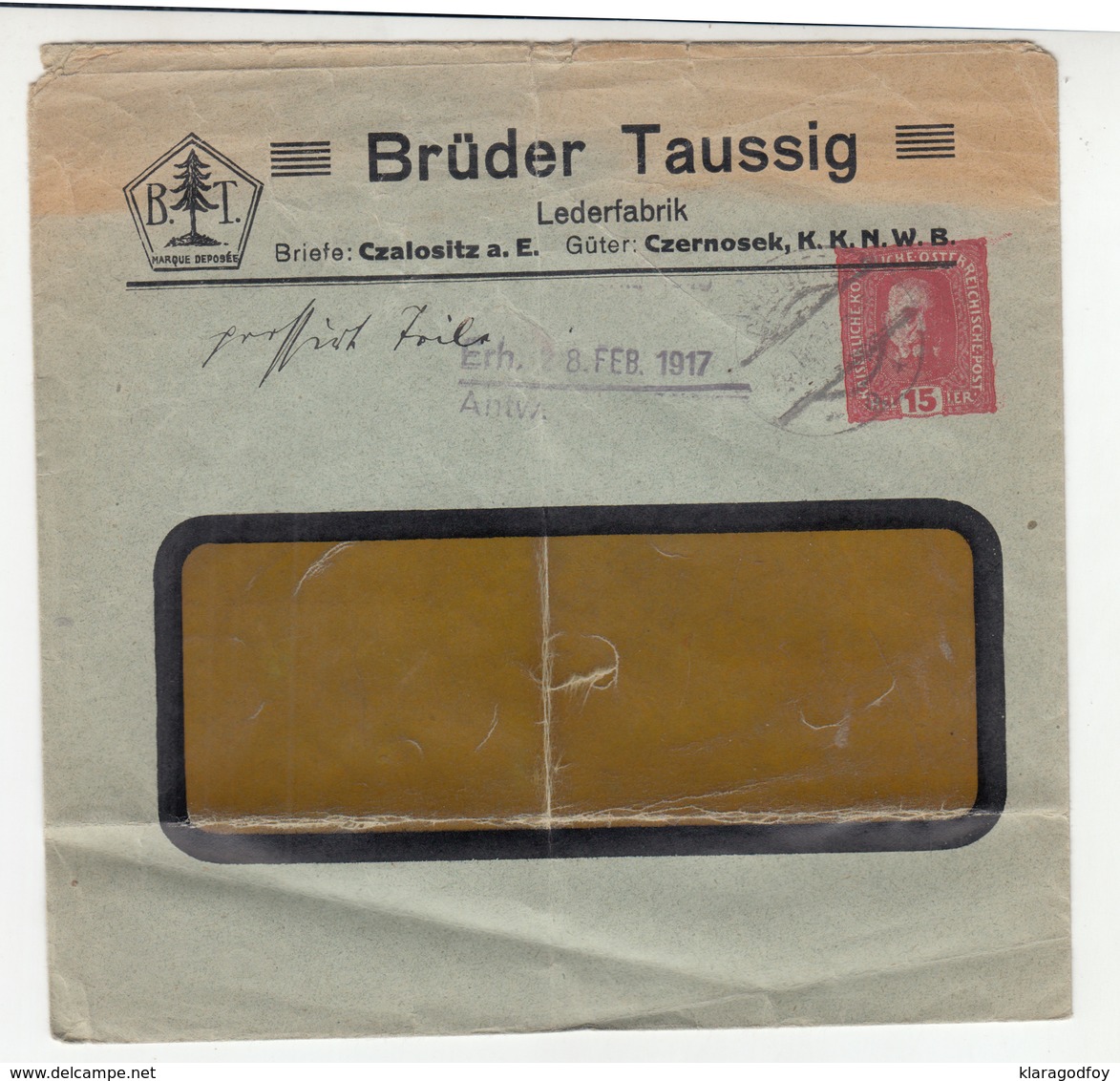 Brüder Taussig Lederfabrik, Czalositz (Žalhostice) Company Preprinted Postal Stationery Letter Cover Posted 1917 - Autres & Non Classés