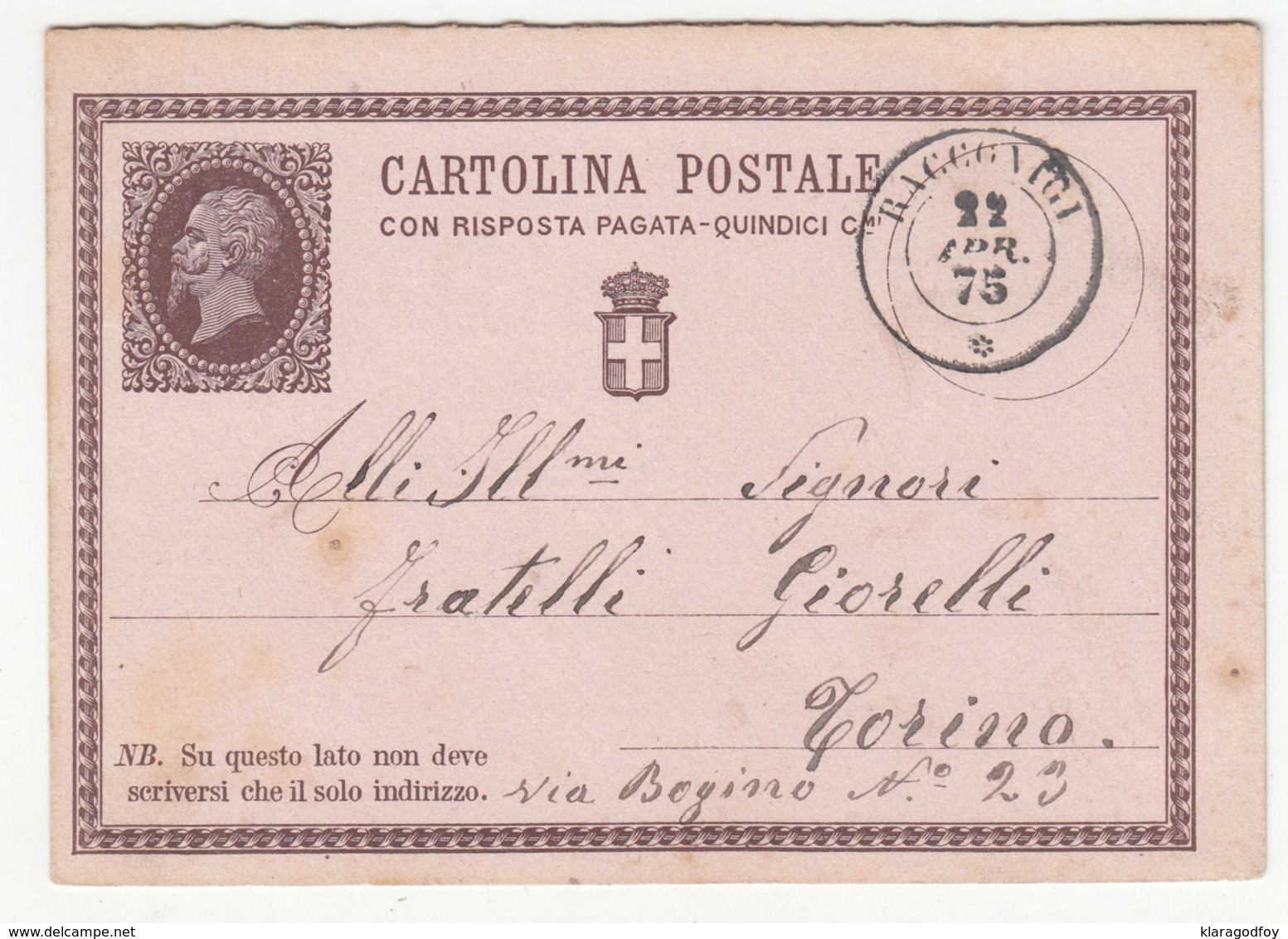 Italy Postal Stationery Postcard With Reply Paid (ONLY HALF) Posted 1875 B200215 - Ganzsachen